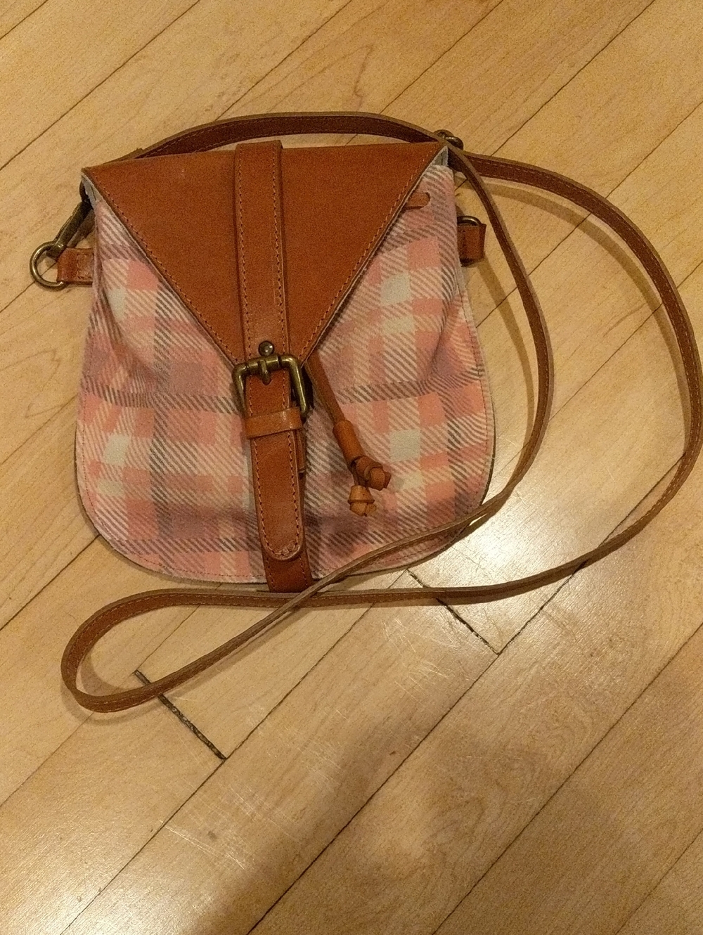 Sundance Italian Pink Plaid Crossbody Bag with Tan Leather Trim